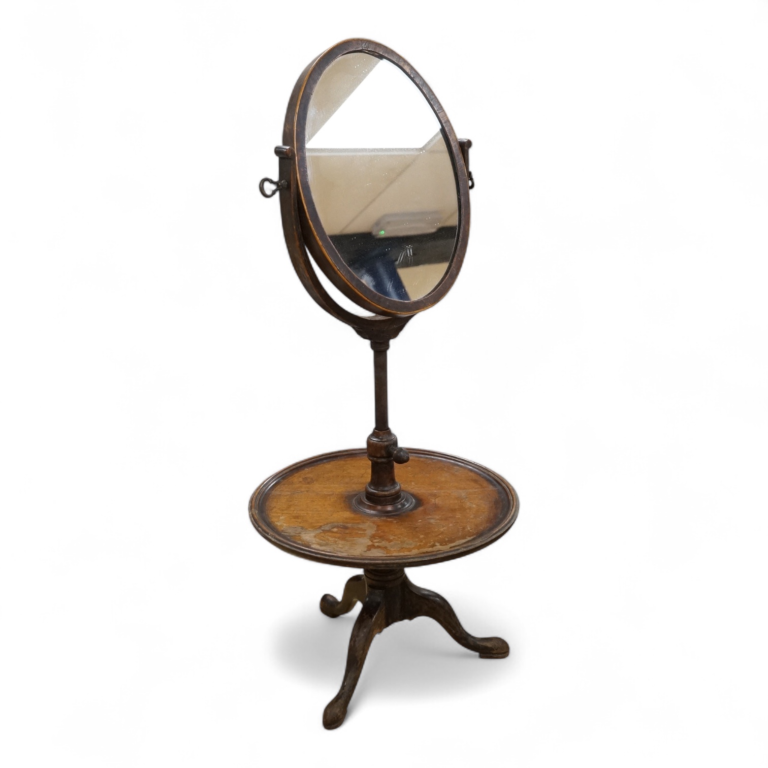 A Victorian mahogany gentleman's shaving mirror on stand with circular shelf, 65cm high.